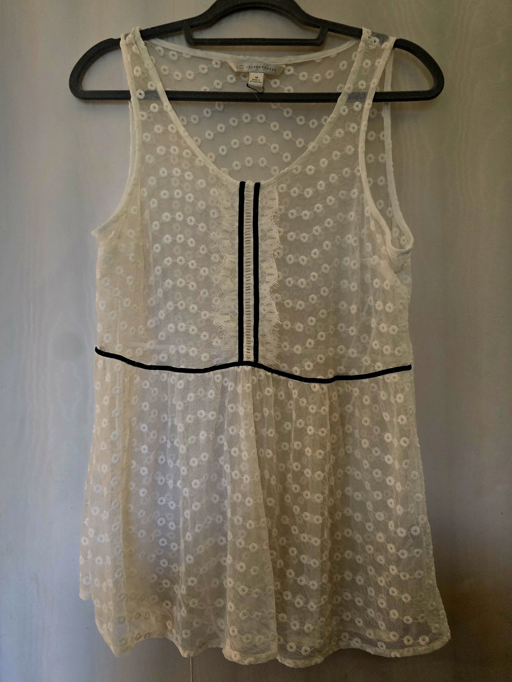 LC Lauren Conrad White Sheer Eyelet Chemise with Black Trim